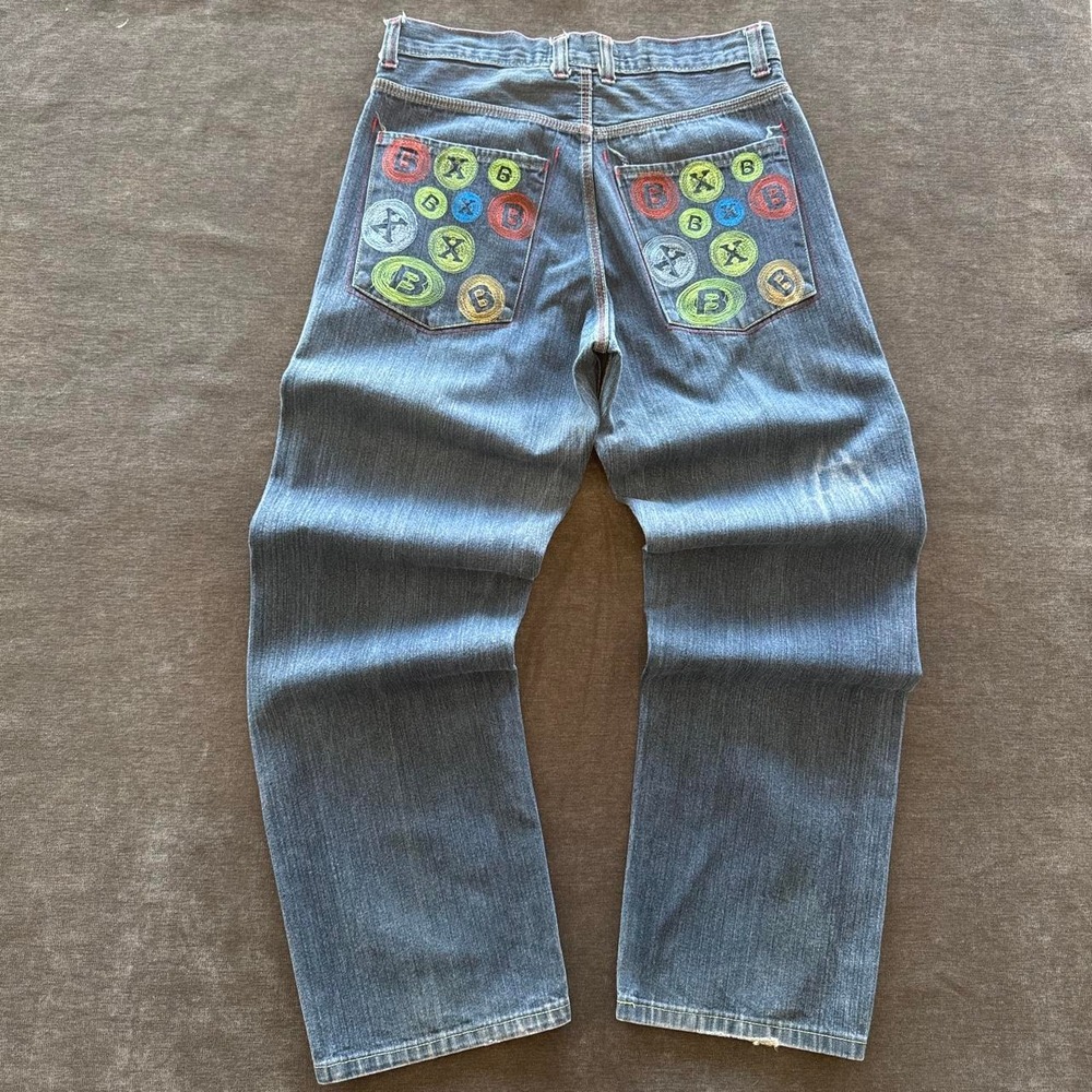 Vintage Brooklyn Xpress Baggy Denim Jeans Embroidered Y2K Blue Mens 32x31